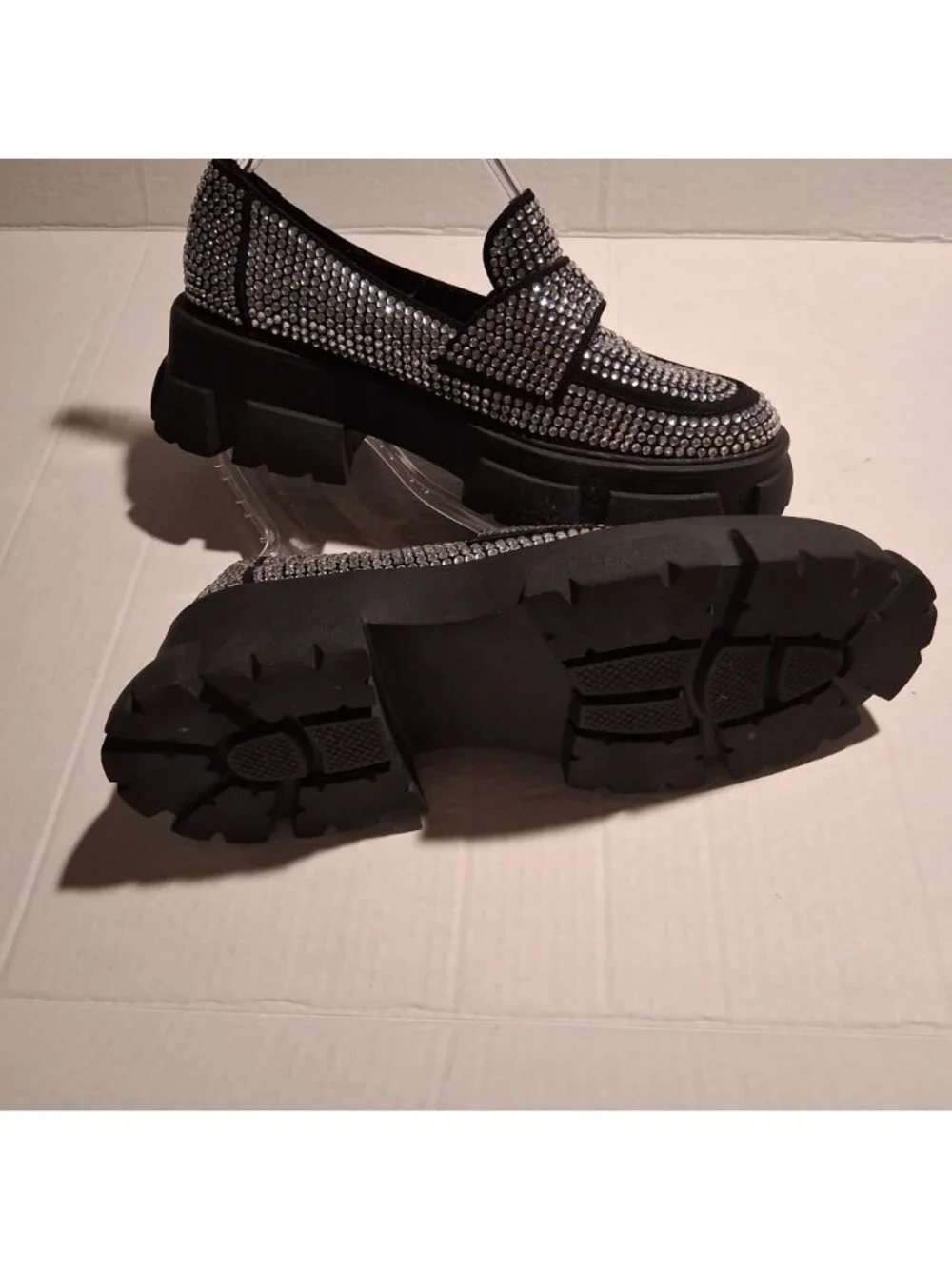 Rhinestone-Embellished Chunky Black Loafers w/ Lug Sole Strap - Women-SIZE: 10